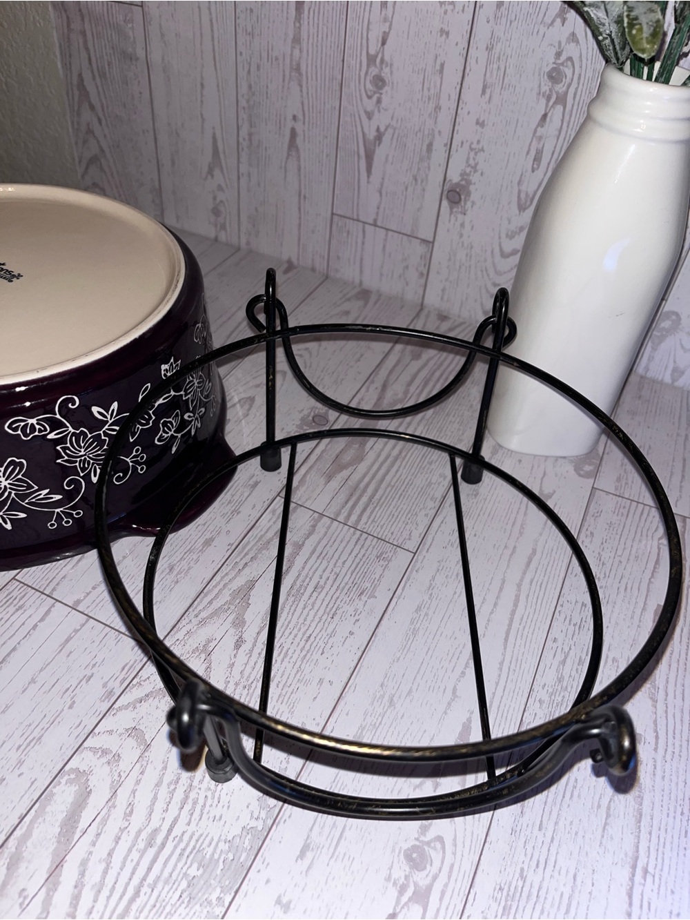 Temptations Purple and Cream Floral Ceramic Bowl with Black Metal Stand - Picture 9 of 10
